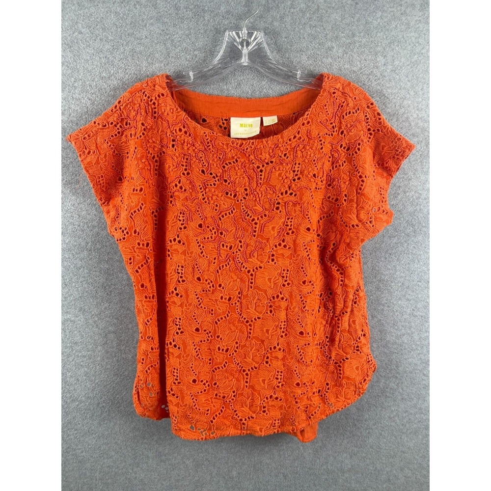 Anthropologie Maeve Embroidered Top Women's 2 Orange Lace Short Sleeve Career